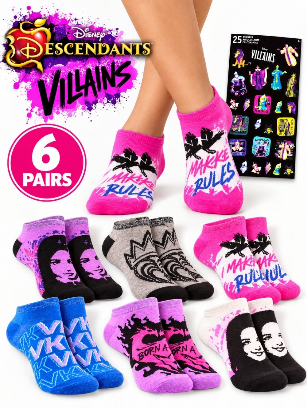 Disney Descendants Villains Ankle Socks 6-Pack Girls Large NWT Pink Black